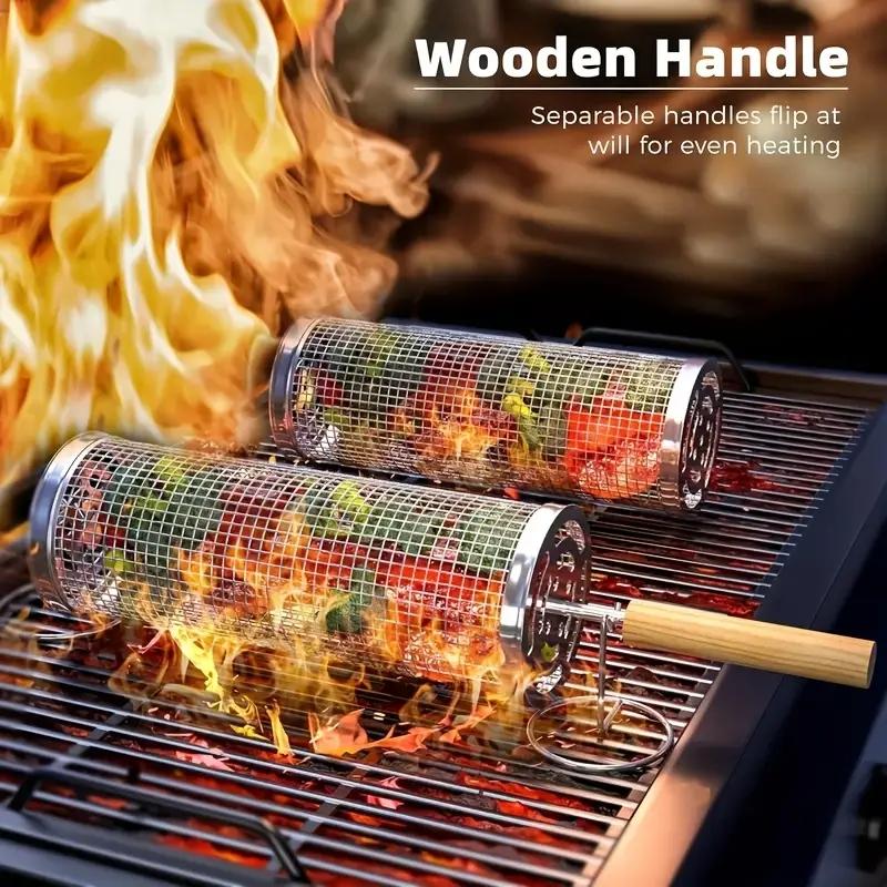 Camping Cooking Device - Stainless Steel BBQ Grill Basket, Round
